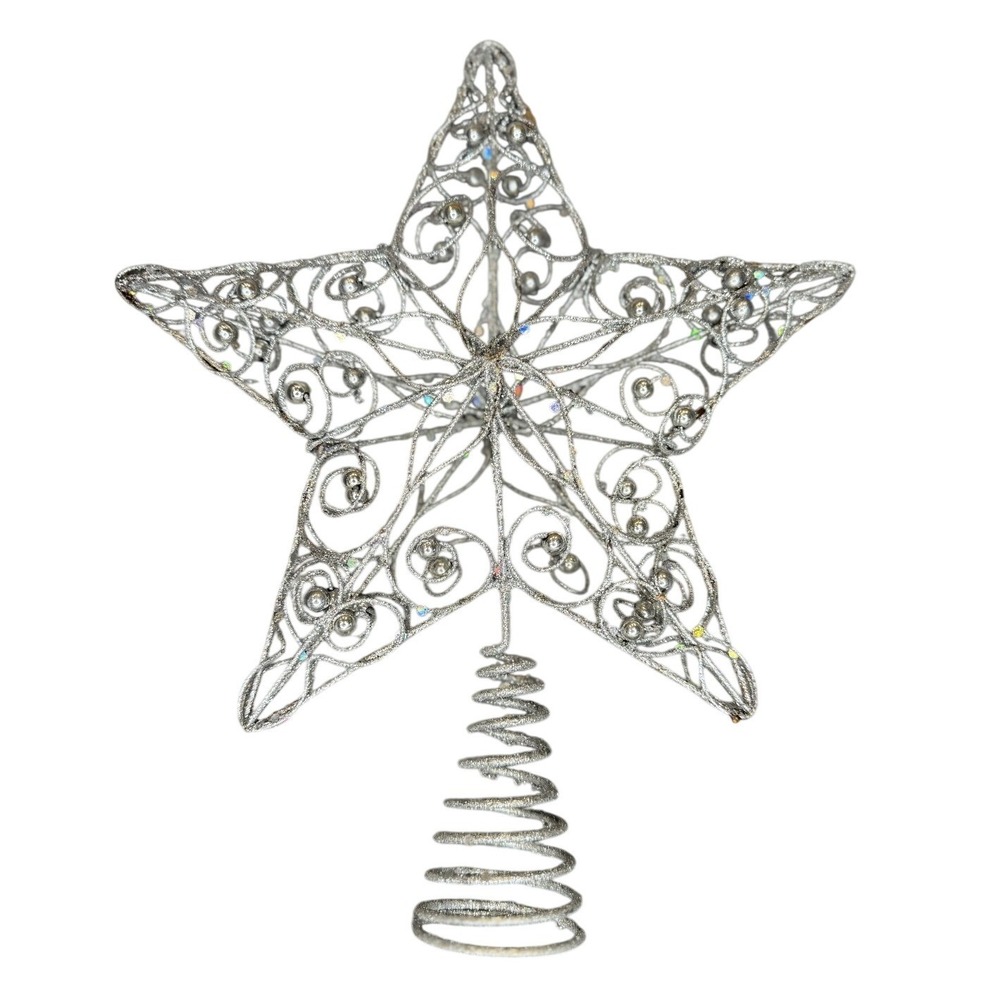 Silver Glitter Filigree Star Christmas Tree Topper Wire Scrollwork Holiday Decor - Picture 1 of 7